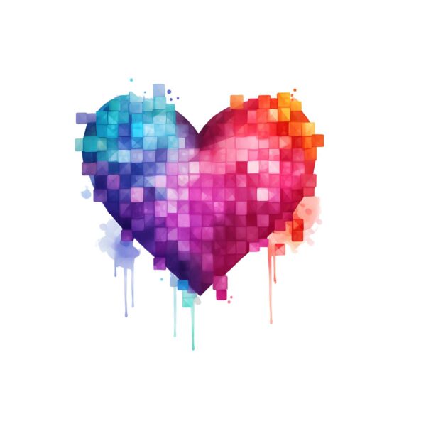 DTF Transfer bild på Pixel Heart färg är lila , blå och rosa