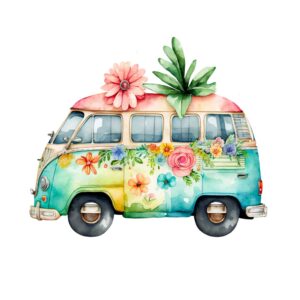 Retro Camping car VV med blommor