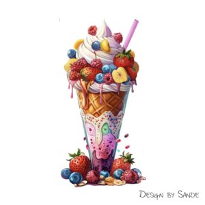 An illustration of an ice cream cone filled with various scoops of colorful ice cream, topped with a swirl of whipped cream. The cone is adorned with a variety of fresh fruits including strawberries, raspberries, blueberries, banana slices, and a drizzle of fruit syrup. A pink straw is inserted into the top, and the ice cream is melting slightly, with some colorful drips running down the cone. The design is vibrant and visually appealing, with 'Design by Sande' written in the bottom right corner.
