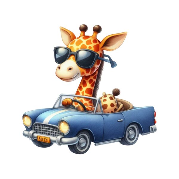 DTF Transfer Maskot djur i bilen -Giraff N:o1