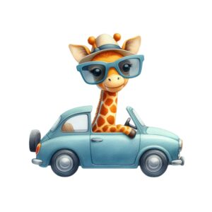 en giraff i en blå bil