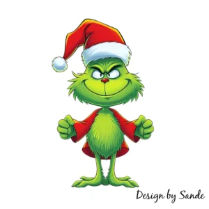 a cartoon green cat wearing a red and white hat