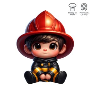 Illustration av en karaktär klädd i svart och gul brandmansuniform med röd hjälm, sittande med ett varmt leende.