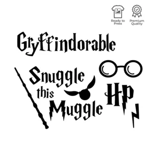 Harry Potter-inspirerat textilvinylset med trollstav, citat, glasögon och symboler, levererat på ett praktiskt ark för anpassningsbar och kreativ placering.