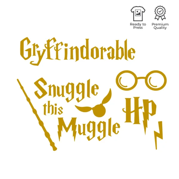 Harry Potter-inspirerat textilvinylset med trollstav, citat, glasögon och symboler, levererat på ett praktiskt ark för anpassningsbar och kreativ placering.
