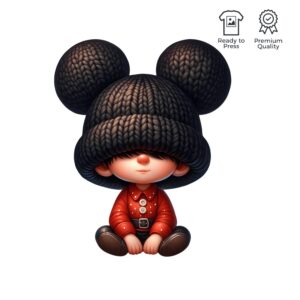 Illustration av en karaktär med stickad mössa med musöron och röd skjorta med prickiga detaljer, sittande med ett lugnt och charmigt uttryck