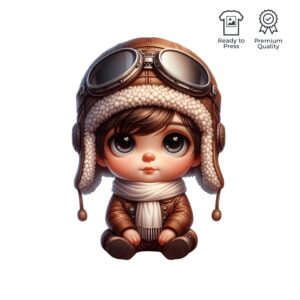 Illustration av en karaktär klädd som en pilot med flygmössa, glasögon och halsduk, sittande med ett charmigt och äventyrligt uttryck.