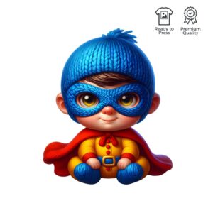 Illustration av en liten superhjälte med blå mask, röd cape och gul dräkt, sittande med ett självsäkert och inspirerande uttryck.