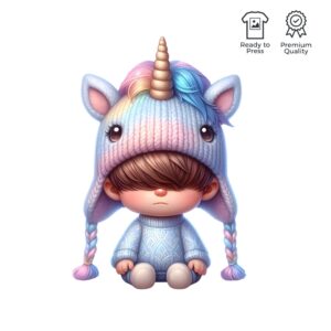 Illustration av en karaktär med stickad enhörningsmössa i pastellfärger, iklädd en mysig tröja, sittande med ett drömskt och charmigt uttryck