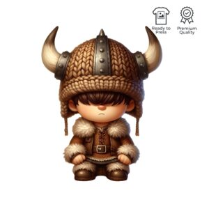 Illustration av en karaktär klädd i en stickad vikingahjälm med horn och en pälsfodrad outfit, stående med ett bestämt uttryck