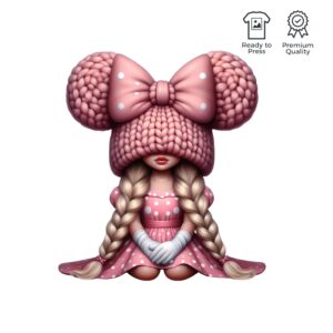 DTF-transfer med en flicka i rosa prickig klänning och stickad mössa med öron – en tidlös och söt design för kreativa textilier.