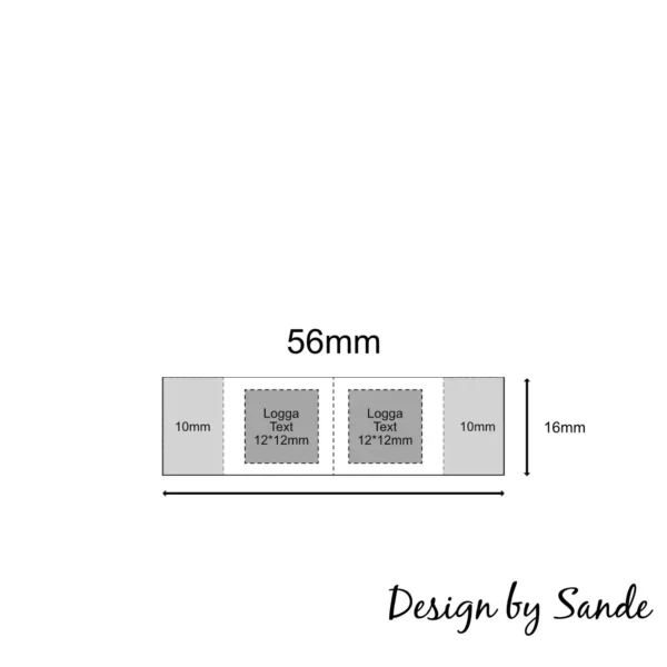 Designskiss för 56 mm lång etikett på 16 mm band, med två tryckytor à 12×12 mm samt 10 mm sömsmån i varje ände